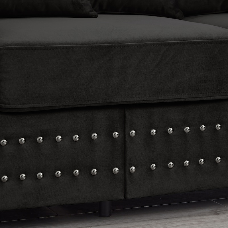Velvet Upholstered Storage Sofa Set with Loveseat Sofa and 3 Seater Couch, Square Armrests with Silver Nails Decoration