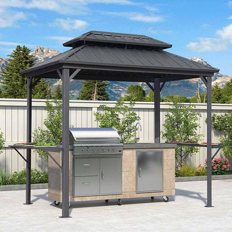 PURPLE LEAF Hardtop Grill Gazebo Galvanized Steel Roof Outdoor BBQ Canopy with Ceiling Hook and Shelves - 6ft x 9ft - Grey