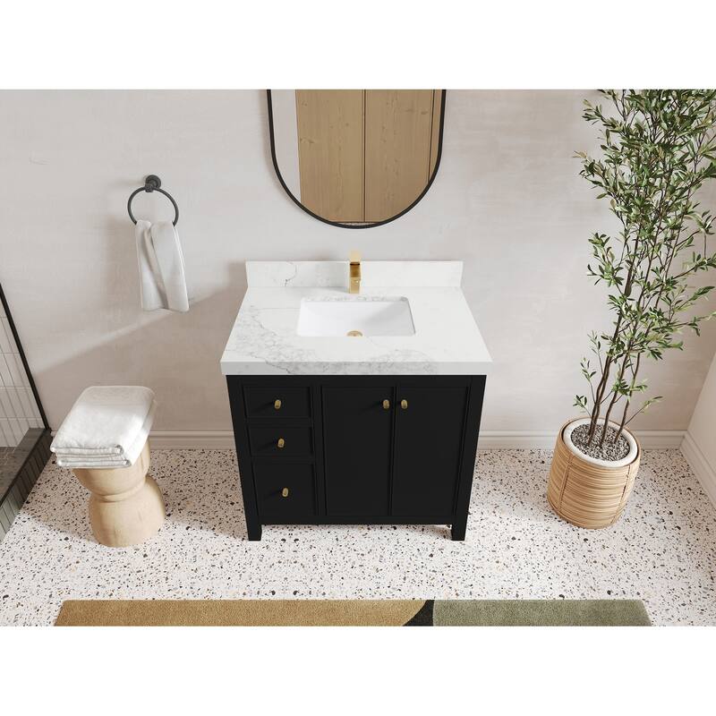 Willow Collections 36 in. W x 22 in. D Chicago Center Sink Right Bathroom Vanity with Countertop - 2"Calacatta Nuvo - Black