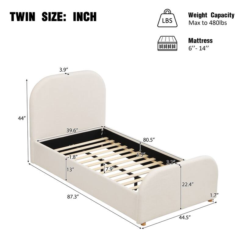 King/Queen/Twin Bed Frame with Linen Curved Headboard & Solid Wood Legs