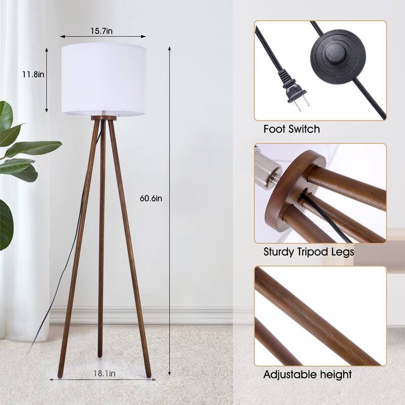 61 in. Traditional Tripod Floor Lamp with Rubberwood Base and Linen Drum Shade for Bedroom, Living Room, Dining Room