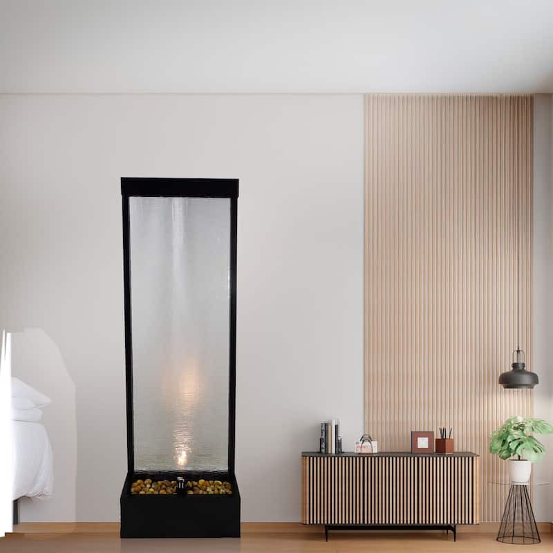 Alpine Corporation MLT170L 72" Waterfall Fountain with LED Light Cascading Textured Glass & Aluminum Floor Design, Indoor, Black