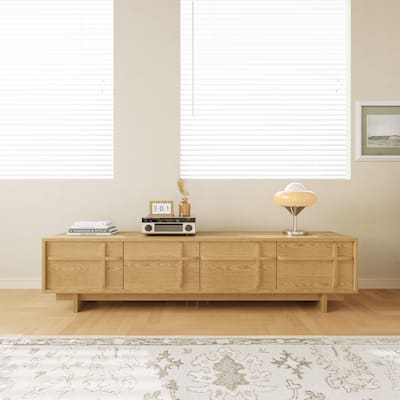 78.74" Modern TV Stands,Natural Wood Texture,Media Console With 4 Cabinets, Solid Wood Veneer,Fully Assembled - 78.87"