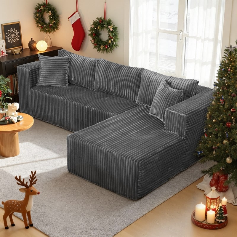 105.11 in. Wide Square Arm 2-Piece Modern Plush Fabric L-Shape Modular Sectional Sofa with Chaise - Grey-Left Chaise