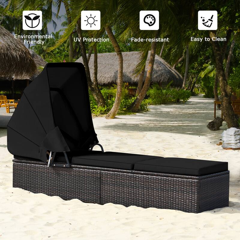 Gymax Set of 2 Rattan Patio Chaise Lounge Chair W/ Adjustable Canopy