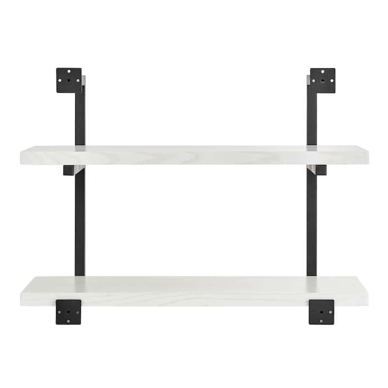 Danya B. Modern 2-Tier Hanging Bracket Wall Shelves in Black Metal and White Birch Finish