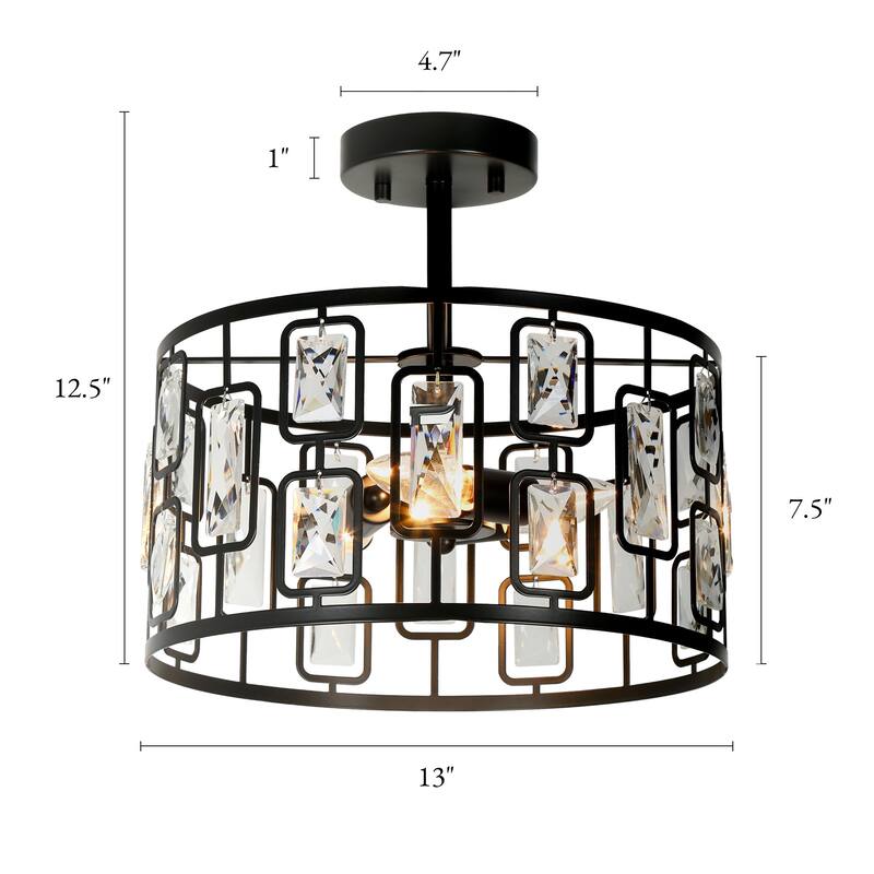Dana Modern Black 3-Light Drum Chandelier Semi-flush Mount Ceiling Light - D13"* H12.5"