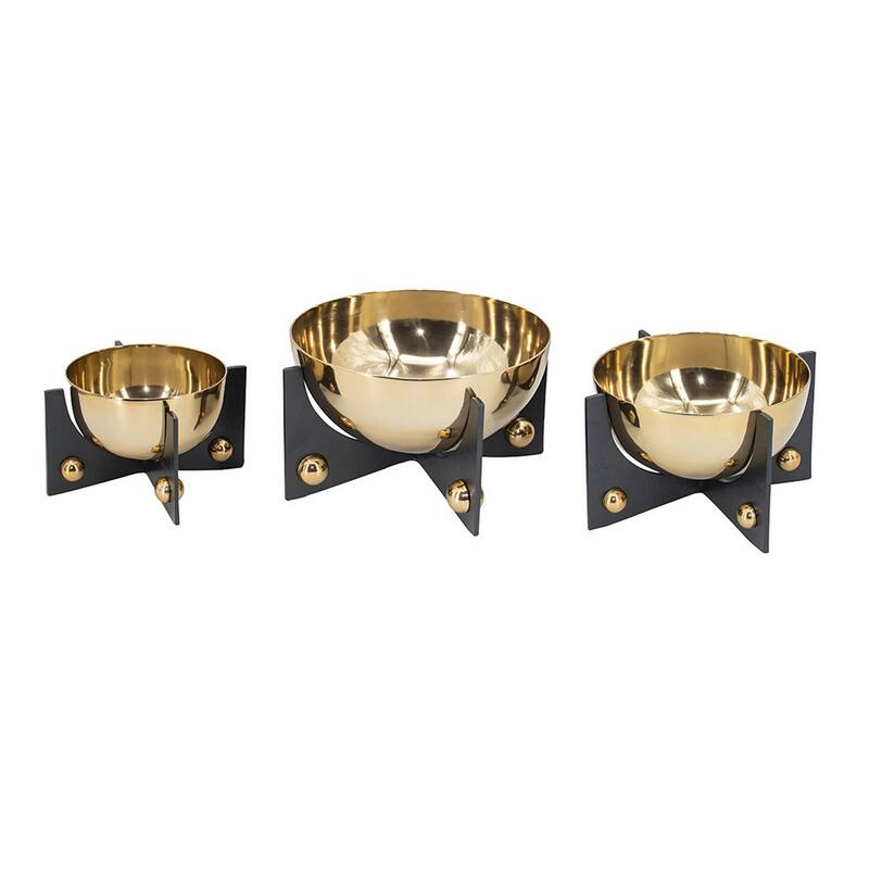 Set of 3 Aluminum Round Decorative Bowls, Gold Finish, Jet Black Stand