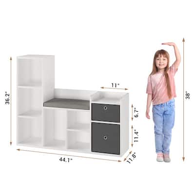 44.1" Wide Kids Bookshelf and Storage Bench with Cushion Seat, Children's Bookcase Toy Organizer for Playroom, Bedroom, Hallway