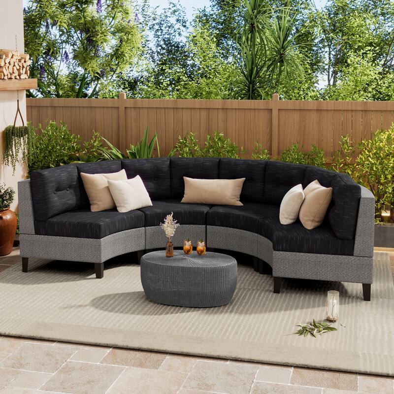 4 Piece PE Rattan Outdoor Conversation Sofa Set, All Weather Patio Modular Half Moon Sectional Sofa with Removable Cushion