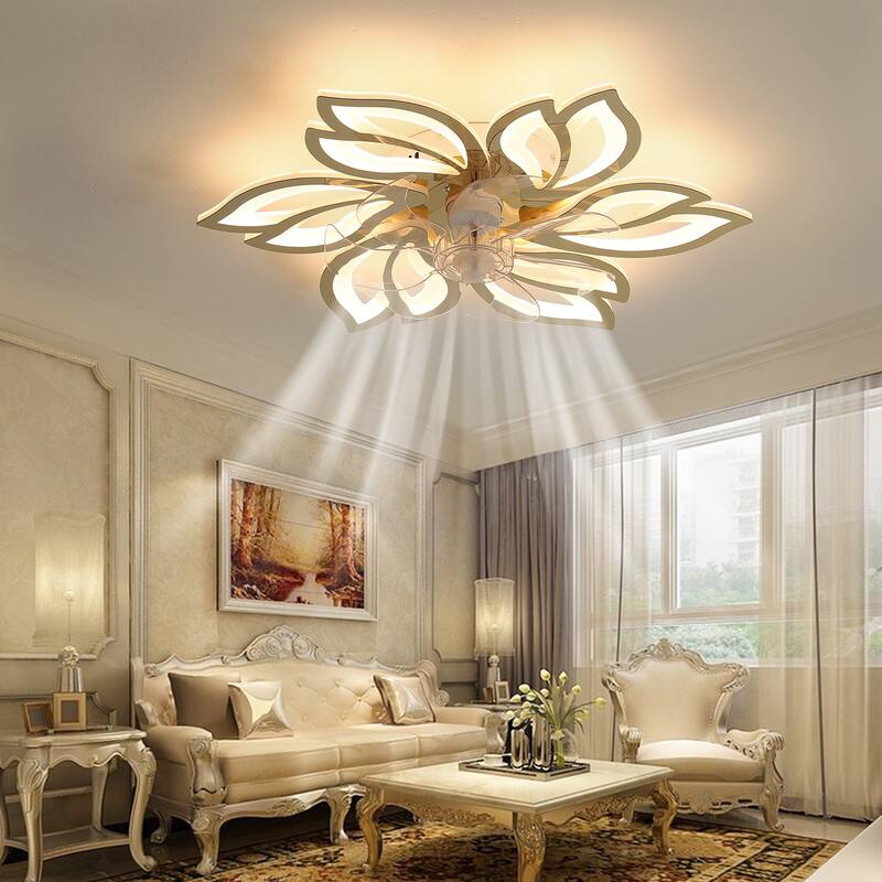 25.5 inch Cartoon Petal Ceiling Fans with Lights and Remote, Flush Mount Bladeless Ceiling Fan Lights with Reversible Blades