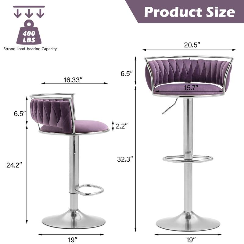 4 Set Velvet Adjustable Swivel Bar Stools With Backs
