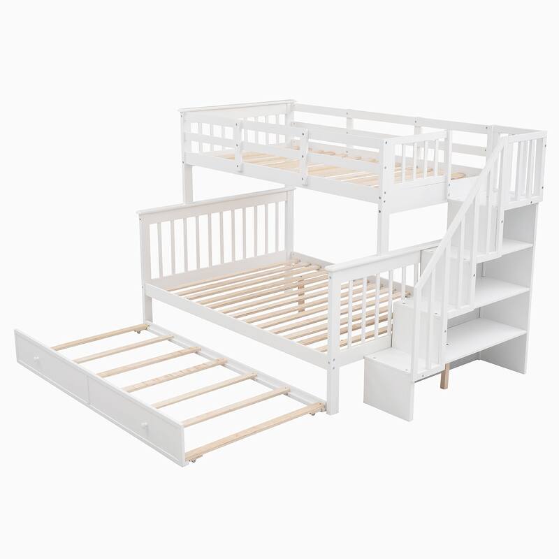 Twin Over Full Size Wood Bunk Bed with Twin size Trundle, Stairway, Storage and Guard Rail