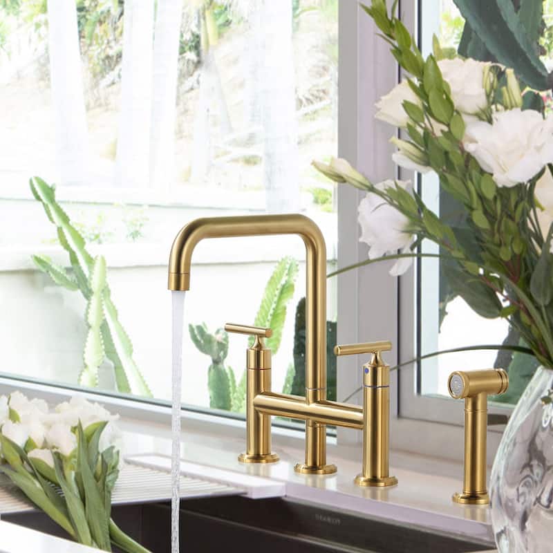 WOWOW Double Handle Bridge Kitchen Faucet with Side Sprayer