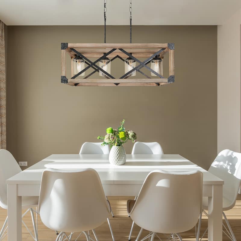 Modern Farmhouse 4-Light Wood Cage Chandelier Glass Shade Kitchen Island Lights - Taupe - L27.5"xW10"xH80.5"