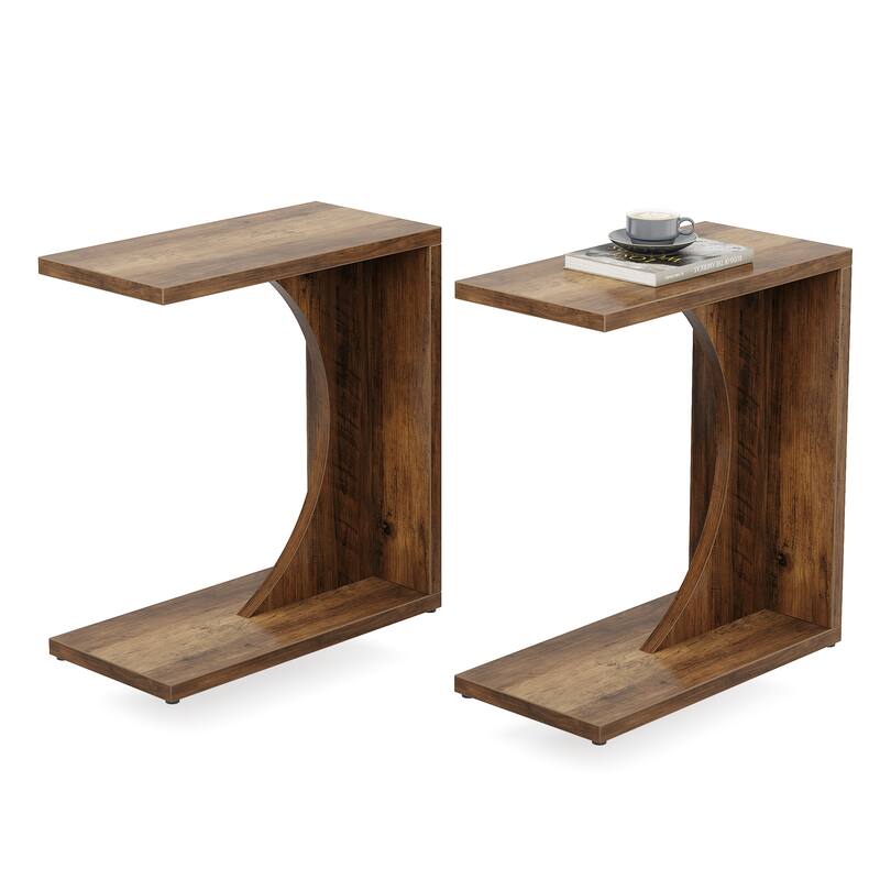 Wood 2-Tier C-Shaped ChairSide End Couch Table (Set of 2)