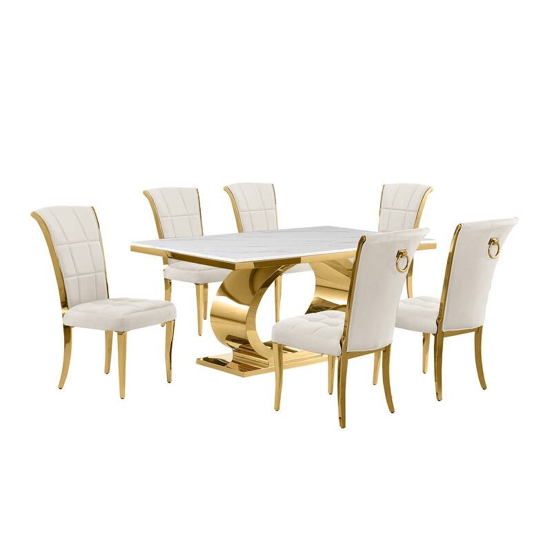 Best Quality Furniture D430/1-SC320-7 Dining Set with 68" White Marble Top