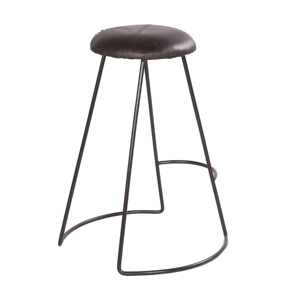 Uri 26 Inch Modern Counter Height Stool, Genuine Leather Upholstery, Metal Frame, Baseball Stitching, Black