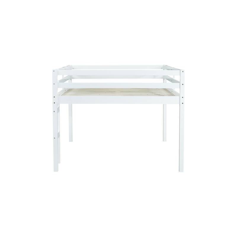 White Full Rubber Wood Loft Bed with Ladder and Storage Space