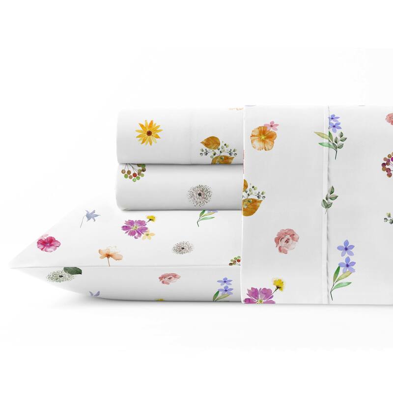 Pointehaven Crisp Percale Printed Long Staple Combed Cotton Sheet Set - Floral Garden - King