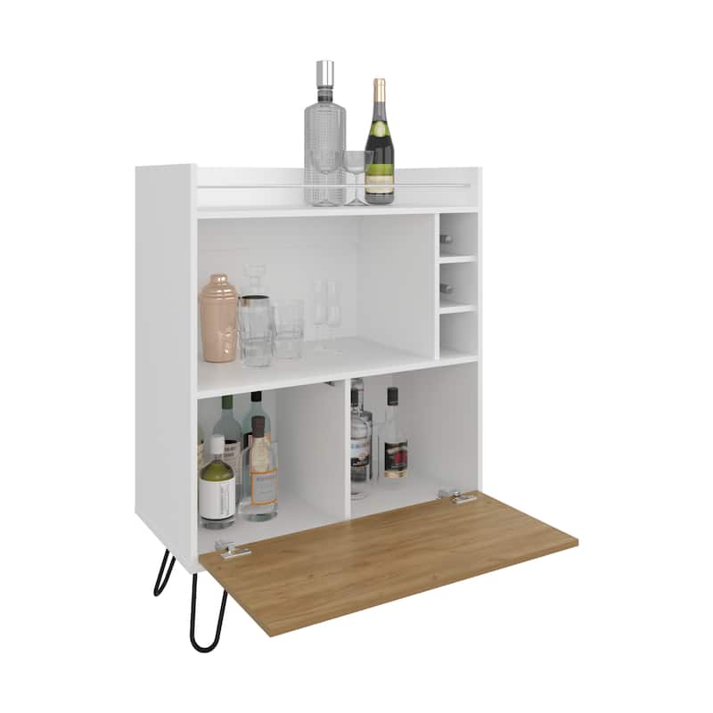 Tori 42" Tall One-Door Bar Cabinet with Three Cubbies, Three Shelves, Top Prep surface with Rail