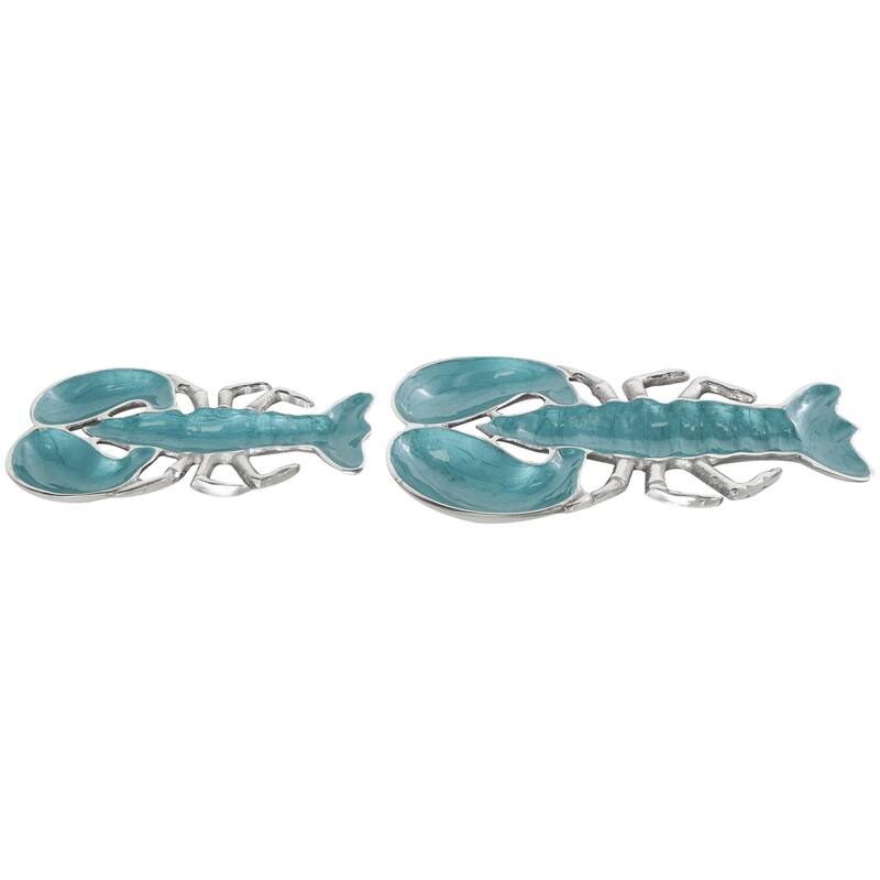 Aluminum Metal Lobster Enameled Serving Bowl with Silver Metal Exterior - Set of 2 Silver, Teal, Blue - Roche River Decor
