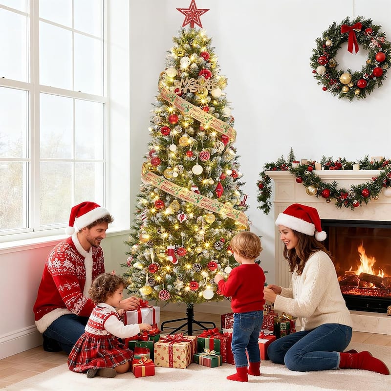 Prelit Pencil Snow Flocked Spruce Artificial Christmas Tree1