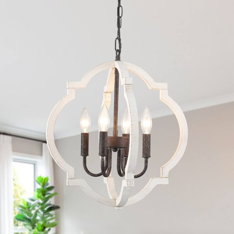 4-Light W16.34" x H78.74" Wooden Lantern Rustic Chandeliers for Dining Room - Distressed White/Antique Brown