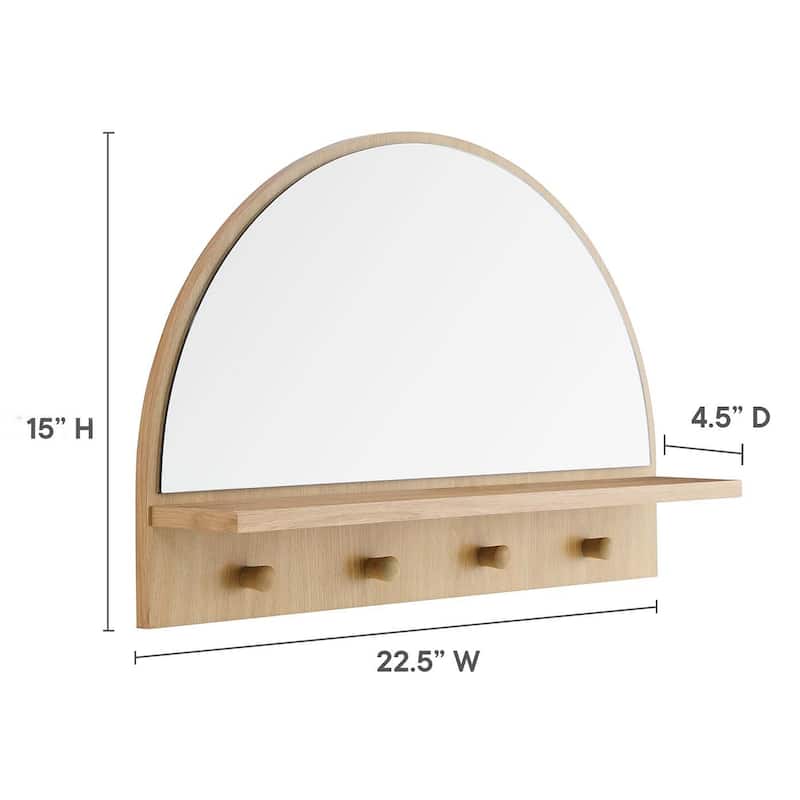 Rancho Modern Oak Arched Wall Mirror with Shelf and Hooks