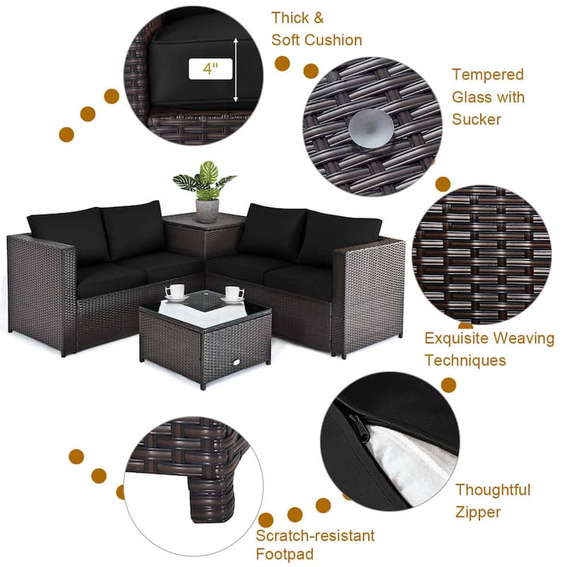 Costway 4PCS Outdoor Patio Rattan Furniture Set Cushioned Loveseat