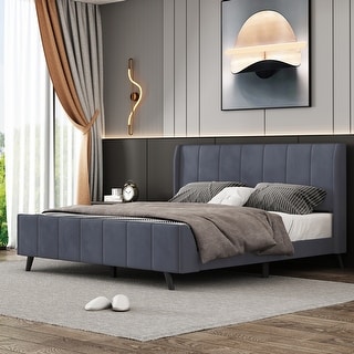 Twin/Full/Queen Size Velvet Upholstered Platform Bed Frame with Headboard and Wooden Slats Support, No Box Spring Needed