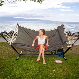 Double Hammock with Stand, Two Person Cotton Rope Hammock