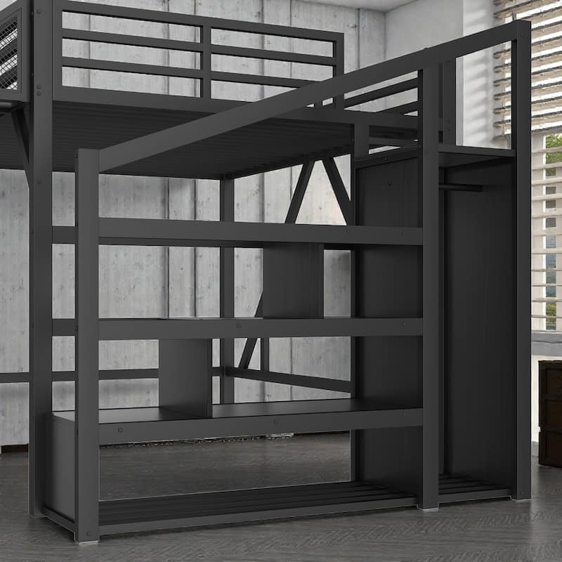 Metal Loft Bed with Storage Stairs, Wardrobe and Shelves, USB Ports and LED Lights, Noise Reduced Frame
