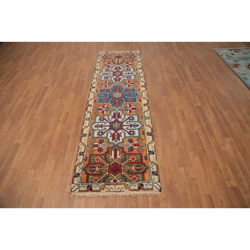 Hand Knotted Oriental 100% Wool Carpet Traditional Geometric Oranges & Rust Kazak Runner Rug - 8' 4'' X 2' 6''