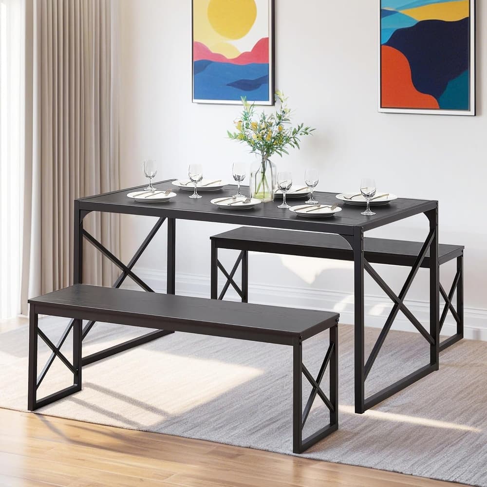 55" Dining Table with Benches Kitchen Table set for 4 Rectangular Dining Room Table Set with 2 Metal Wood Benches