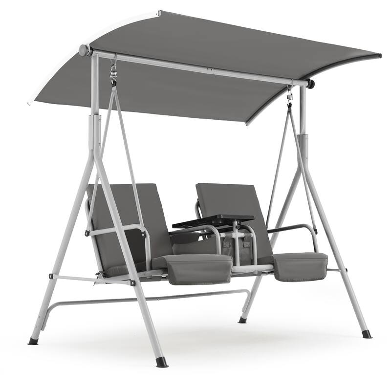 Outdoor Swing with Stand, Canopy, Pivot Table & 2 Cup Holders - Patio, Balcony, Bedroom