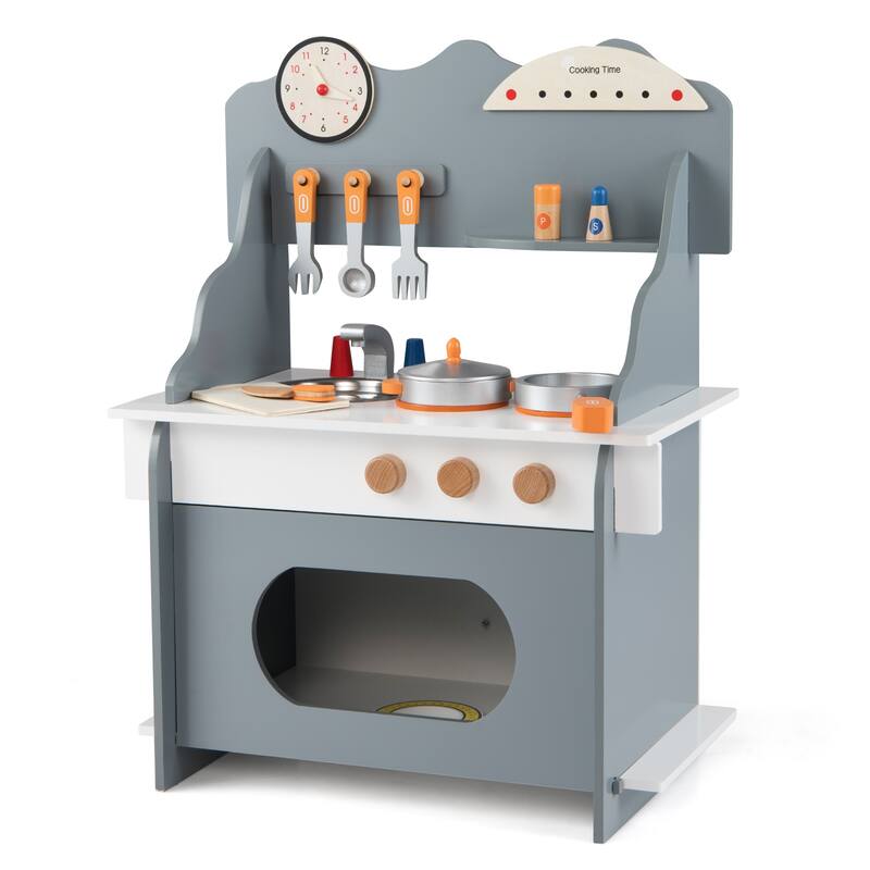 Gymax Pretend Play Toy Kitchen Set w/Clock Stove Spice Rack Faucet & - Grey