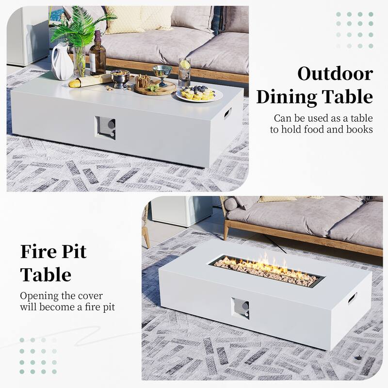 UPHA 56-Inch Rectangular Iron Propane Outdoor Fire Pit Table includes Tank Cover, Lid and Rain Cover in White