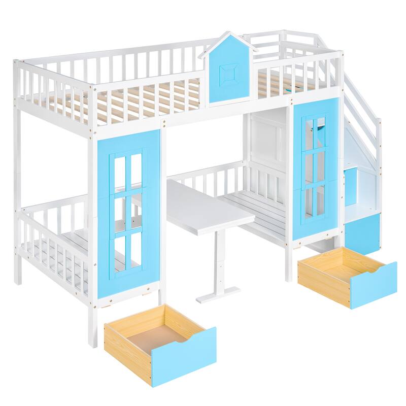 Twin-Over-Twin Bunk Bed with Changeable Table with 2 Drawers