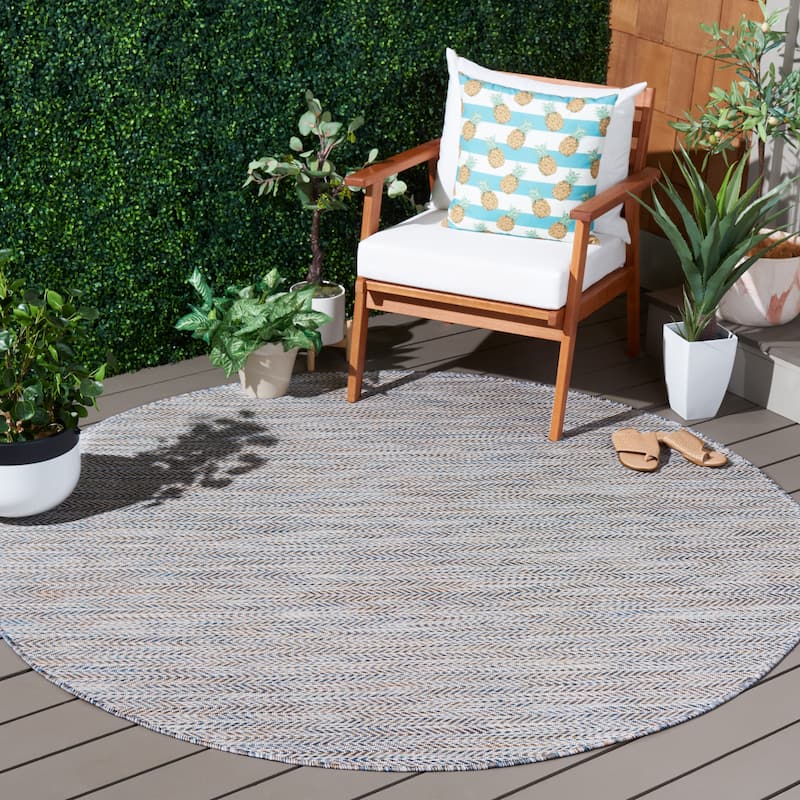 SAFAVIEH Courtyard Ilmur Indoor/ Outdoor Waterproof Patio Backyard Rug - 6'7" Round - Ivory Blue/Beige