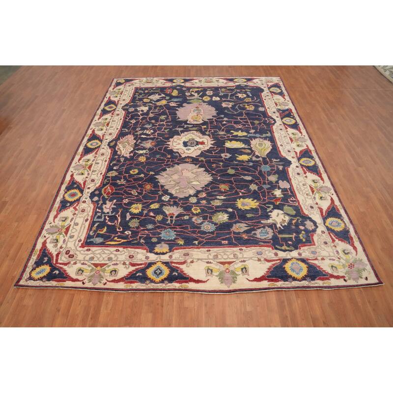 Hand Knotted Oriental 100% Wool Carpet Transitional Floral Navy Blue & Blues Oushak Area Rug - 13' 6'' X 10' 5''