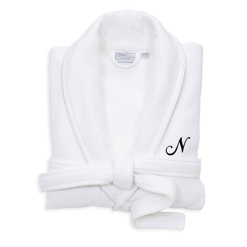 Authentic Hotel and Spa White Unisex Turkish Cotton Waffle Weave Terry Bath Robe with Black Script Monogram - S/M - N
