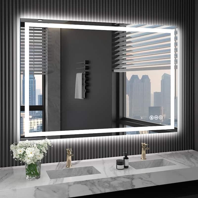 Extra Large LED Bathroom Mirror Anti-Fog Tempered Wall Vanity Mirror with Double Light Strip, Dimmable, UL-Listed