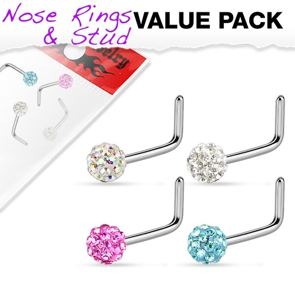 4 Pcs Value Pack of Assorted Ferido Ball 316L Surgical Steel L Bend Nose Ring