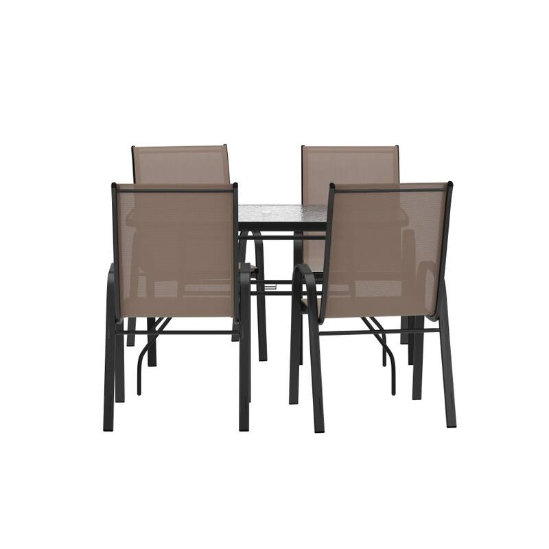 Commercial 5 Pc Outdoor Patio Dining Set with Glass Table and 4 Chairs