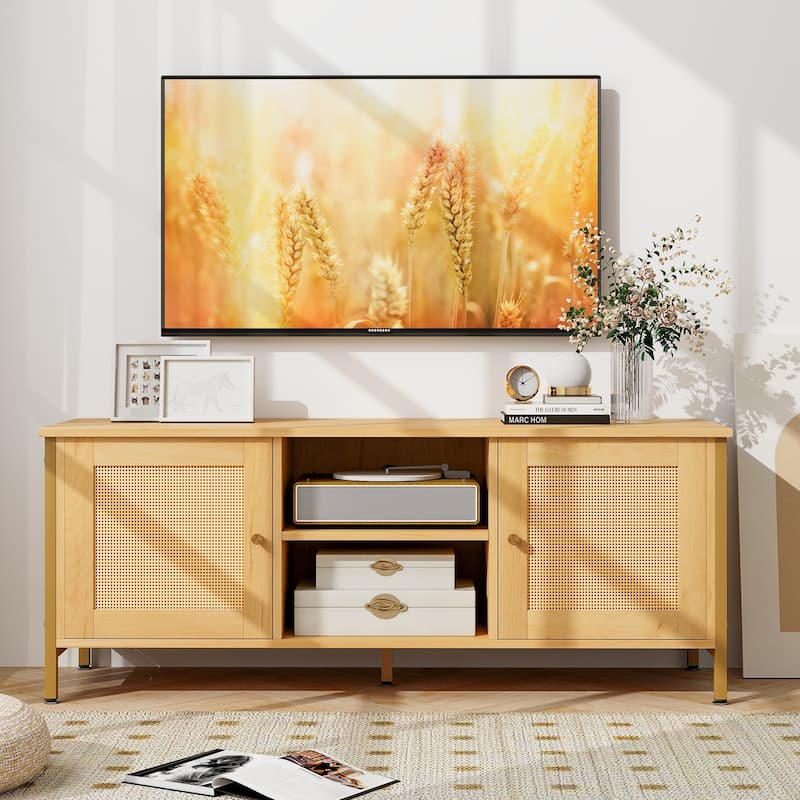 Natural Engineered Wood TV Stand with Faux Rattan Doors, Metal Feet and Storage Shelves - 48" x 16" x 19"(L x W x H)