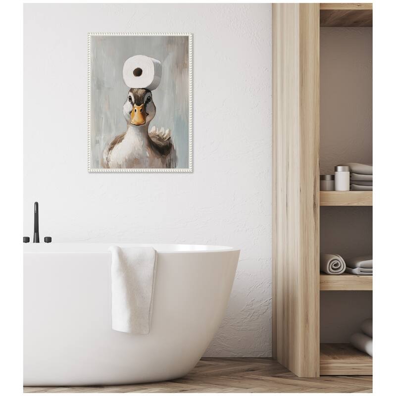 Kate and Laurel Sylvie Toilet Paper Roll on Ducks Head Bathroom Art Framed Canvas by The Creative Bunch Studio