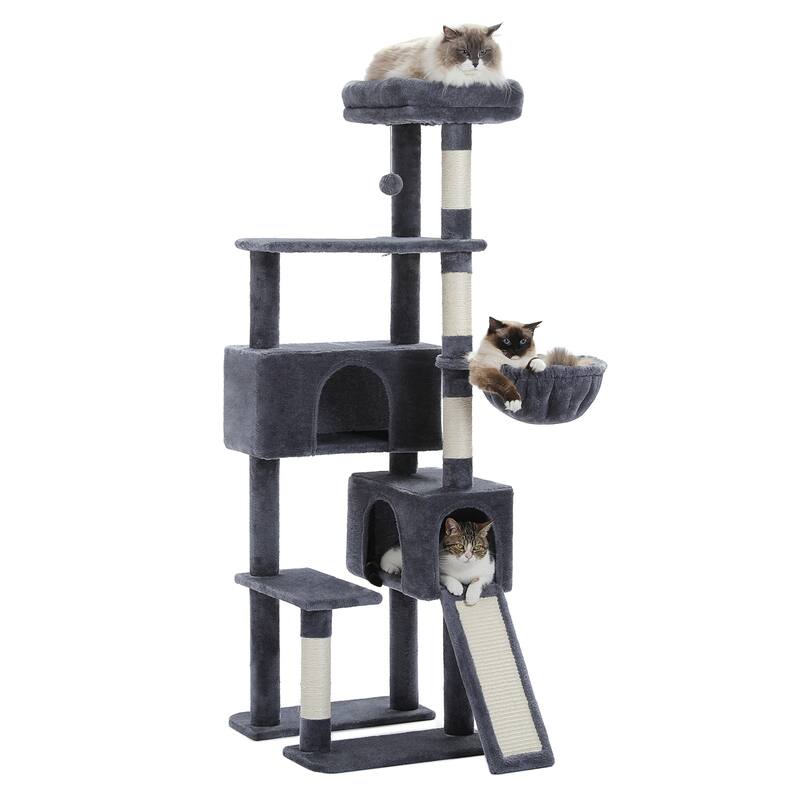 61" Indoor Large Cat Tree Cat Tower with Ladder and Dual Condos
