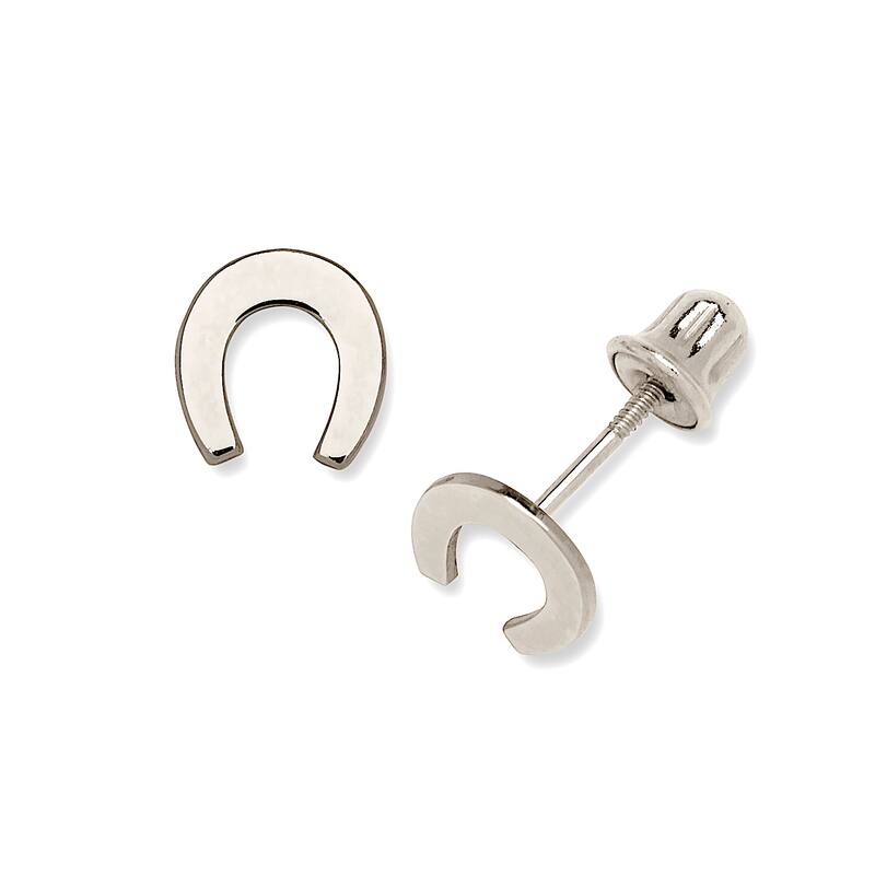Curata 14K Gold Small Polished Lucky Horse Shoe Stud Screw Back Earrings - White