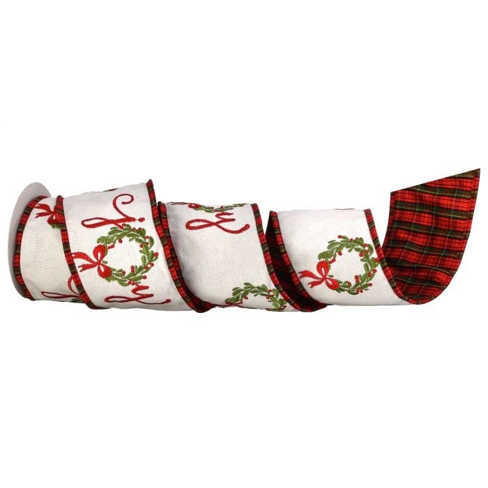 4"x 5Y "Joy" Wreath Dupion Plaid Back Ribbon